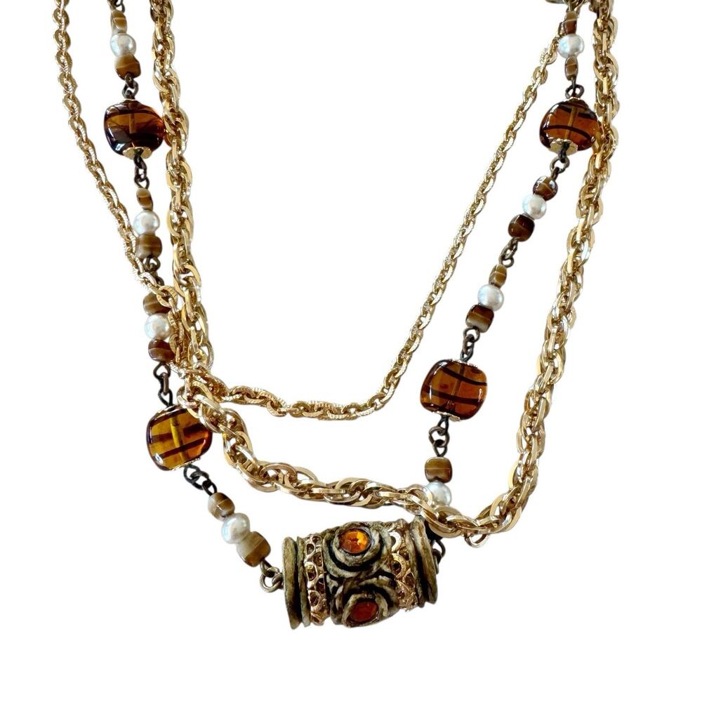 Triple Strand Gold Tone Chain Necklace Amber Color Lantern Beads Layered